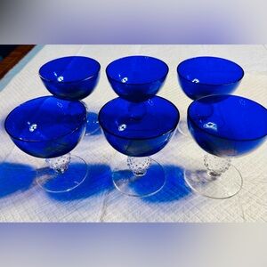 Six vintage Art Deco Morgantown Ritz Blue Champaign Glasses, golf ball stem